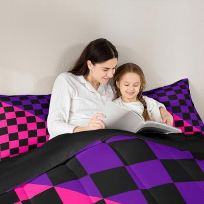 Feelyou Checkered Retro Kids Comforter Set King Size Modern Geometric Cute Bedding Set Rose Pink Purple Duvet Quilt for Kids Boys Girls Bedroom Vintage Simple Groovy Aesthetic Decor