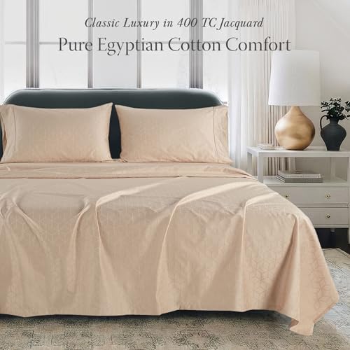 Threadmill Egyptian Cotton Sheets for King Size Bed | 100% Certified Egyptian Cotton King Bed Sheets Set | Snug Fit Elastic Deep Pocket King Sheets Soft, Breathable Damask Jacquard | Beige