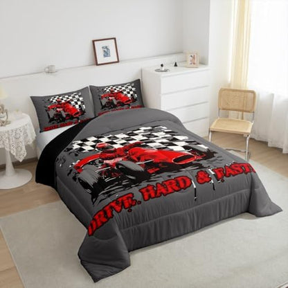 Erosebridal Go Kart for Kids Comforter Set Boys Kart Drifting Duvet Insert Youth Karting Extreme Sport Bedding Set Black and White Buffalo Checked Bedding Red Racing Car Bedroom Decor Queen Size