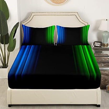 Feelyou Geometric Abstract Ombre Bed Sheets Kids Boys Teens Blue Green and Black Striped Sheet Set Decor Modern Fashion Bed Set Bedroom Collection 4Pcs King Size