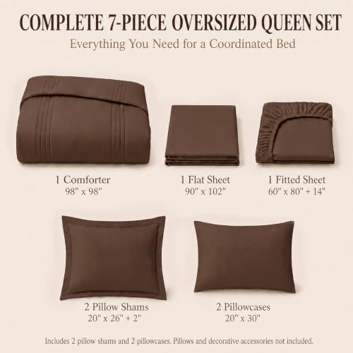 CozyLux Oversized Queen Comforter Set Brown- 7 Pieces Bed in a Bag