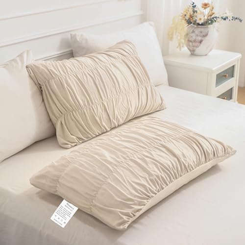 Masaca Oversized King Comforter 128"x120",Ruched Wheat Extra Large King Comforter Set,3 Pieces Lightweight Fluffy Ruffle Comforter Set Shabby Boho Chic Bedding Ultra Soft