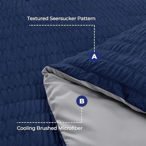 HYMOKEGE Navy Blue/Light Grey Oversized King Comforter Set Seersucker 7 Pieces, All Season Luxury Bed in a Bag for Bedroom, Bedding Set with Comforter, Sheets, Pillowcases & Shams