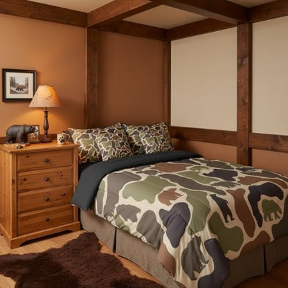 Erosebridal Bear Camo Bed in A Bag 7 Pcs Camouflage Hunting Bear Comforter Set for Women Men Rustic Camo Army Wildlife Bedding Sets King Green Military Woodland Animals Sheet Set with Comforter