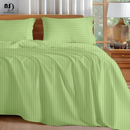 NON Sticky cotton King 4 Piece Sheet Set, 100% Long Staple Cotton, Soft Cooling Hotel Luxury Bedding Sheets, Deep Pocket Fits 10" to 18" Mattress, 78" x 80", Sage Stripe