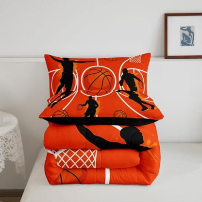 Graffiti Basketball Bedding Sets Full Size,Orange Court Line Comforter Set 3Pcs for Kids Girls Boys Youth Room Decor,Ball Sports Gaming Quilted Duvet Modern Fashion Down Comforter,2 Pillowcases