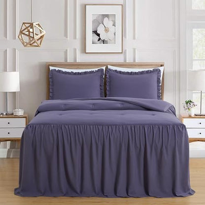 Chezmoi Collection Sinclair 3-Piece Ruffle Skirt Bedspread Set - Soft Lightweight Crinkle Texture Microfiber Bedding - French Country Chic Farmhouse - King, Dusty Purple