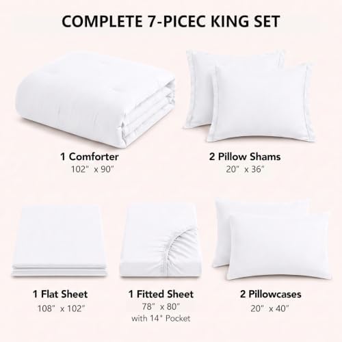 HIMEET King Comforter Set, 7-Piece Point-Quilted Bed in a Bag, White
