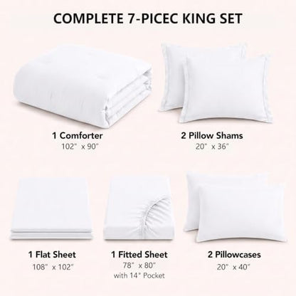 HIMEET King Comforter Set, 7-Piece Point-Quilted Bed in a Bag, White