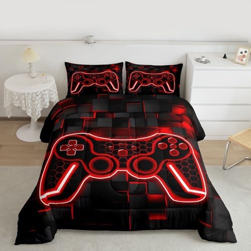 Feelyou Kids Gamer Comforter Set Queen Size Red Black Bedding Set Boys