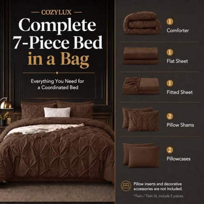 CozyLux Twin Comforter Set Brown, 5 Pieces Pintuck Bed in a Bag