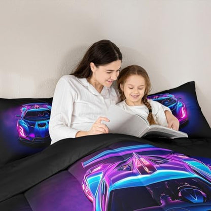 Kids Boys Sports Car Comforter Set Full Size Purple Blue Race Car Bedding Sets for Kids Teens Room Decor Extreme Sports Theme Comforter Cool Speed Luxury Car Decor Quilt Set Soft for All Season