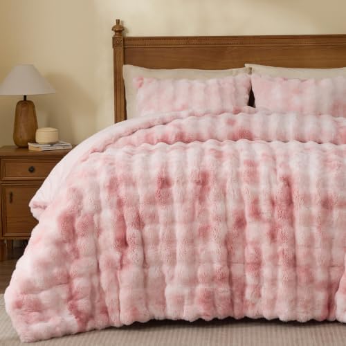 BEDELITE Tie Dye Faux Fur Comforter Set Queen,Thick Winter Comforter,Pink