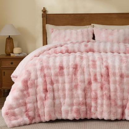 BEDELITE Tie Dye Faux Fur Comforter Set Queen,Thick Winter Comforter,Pink