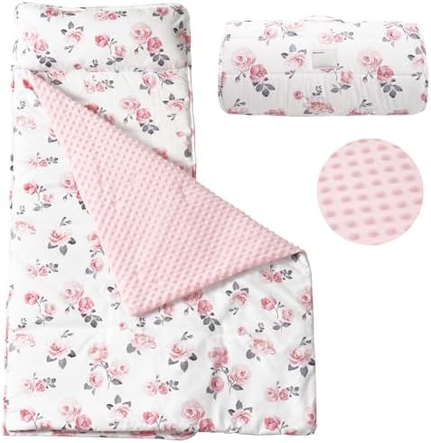 PHF Toddler Nap Mat with Removable Pillow and Minky Blanket, Rollup Design Kids Sleeping Mat, Slumber Bags for Girls, 50"x20" Toddler Sleeping Bag for Daycare Preschool Travel Camping, Floral