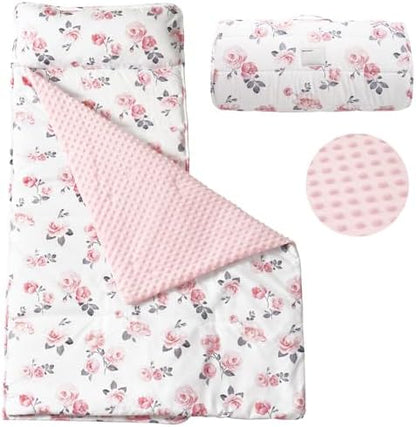 PHF Toddler Nap Mat with Removable Pillow and Minky Blanket, Rollup Design Kids Sleeping Mat, Slumber Bags for Girls, 50"x20" Toddler Sleeping Bag for Daycare Preschool Travel Camping, Floral
