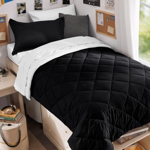 MUXHOMO 5 Pieces Twin XL Comforter Set, Reversible Bed in a Bag Twin XL Size, All Season Bedding Set with Comforter, Flat Sheet, Fitted Sheet, Pillowcases & Shams, Black & White