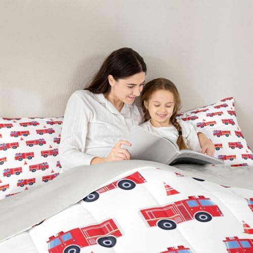 Erosebridal Cartoon Fire Truck Bedding Set King, Red Firemen Car Comforter Set, Fire Engine Comforter for Kids Men Teens Boys Room Decor, White Quilt with 2 Pillowcases, 3 Pcs, Microfiber