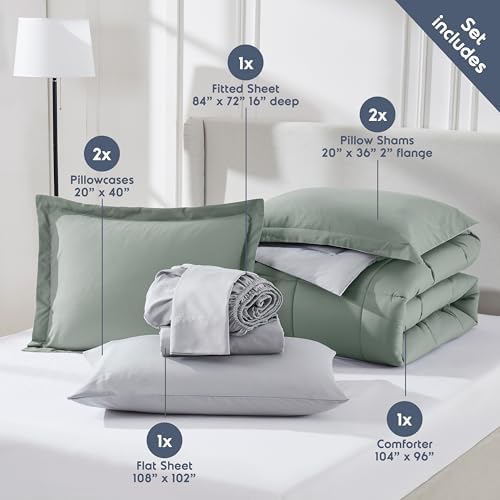 Nestl 9 Piece California King Comforter Set – Sage Green Reversible Bed in a Bag – Complete Cal King Size Bedding Set with Sheets, Set of 2 Down Alternative Pillows, Pillowcases and Shams