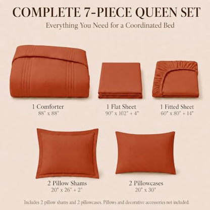 CozyLux Queen Comforter Set Burnt Orange - 7 Pieces Bed in a Bag