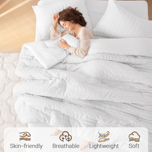 MUXHOMO 7 Pieces Oversized Queen Comforter Set, Seersucker Bed in a Bag Oversized Queen Size, All Season Luxury Bedding Set with Comforter, Flat Sheet, Fitted Sheet, Pillowcases & Shams, White