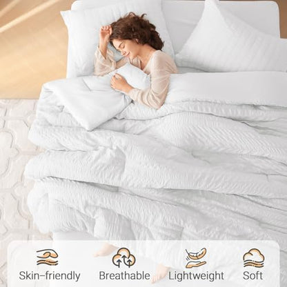 MUXHOMO 7 Pieces Oversized Queen Comforter Set, Seersucker Bed in a Bag Oversized Queen Size, All Season Luxury Bedding Set with Comforter, Flat Sheet, Fitted Sheet, Pillowcases & Shams, White