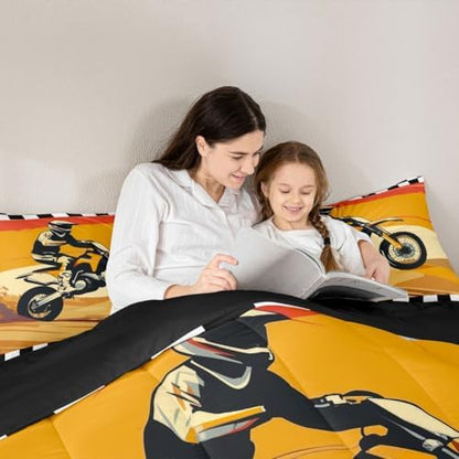 Feelyou Orange Motocross Rider Comforter Set Desert Dirt Bike Bedding Set with 2 Pillow Cases Sunset Track Design King Checkered Flag Room Decor Off-Road Motorcycle Duvet Quilt Soft Lightweight