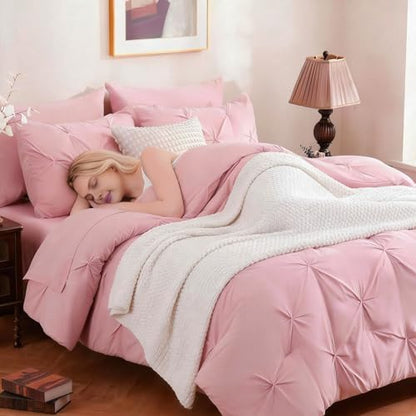 DOWNCOOL Queen Comforter Set, 7 Pieces Pink Pintuck Bed in a Bag