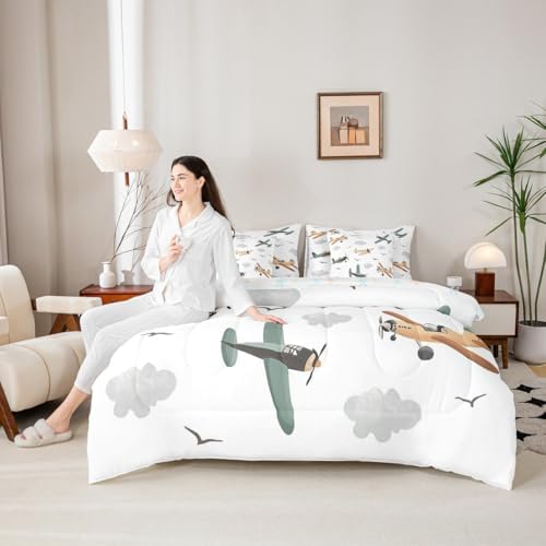 Erosebridal Cartoon Aircraft Comforter Set with Sheets Queen, Airplane Propeller Plane 7 Pcs Bedding Set for Boys Kids Child Adults Teens Bedroom, Flying Birds Animals Bed in A Bag, Cloud Bed Sets