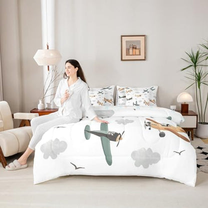 Erosebridal Cartoon Aircraft Comforter Set with Sheets Queen, Airplane Propeller Plane 7 Pcs Bedding Set for Boys Kids Child Adults Teens Bedroom, Flying Birds Animals Bed in A Bag, Cloud Bed Sets
