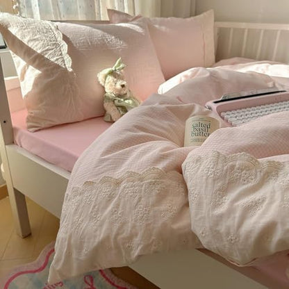 LifeTB Pink Gingham Comforter Set Twin XL Fluffy Soft Princess Style Girls Lace Bedding Set Vintage Plaid Checkered Comforter with 2 Pillowcases Farmhouse Gingham Bedding Grid Bed Comforter Set