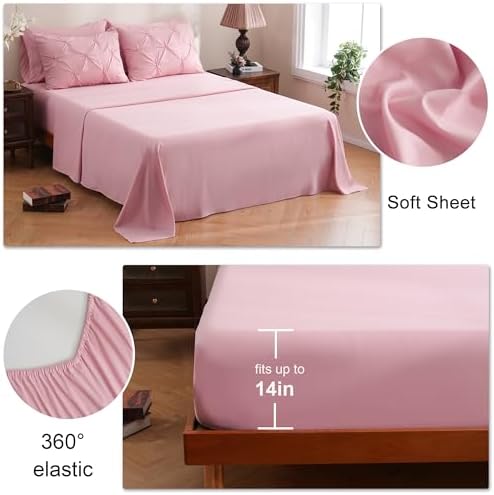 DOWNCOOL Queen Comforter Set, 7 Pieces Pink Pintuck Bed in a Bag