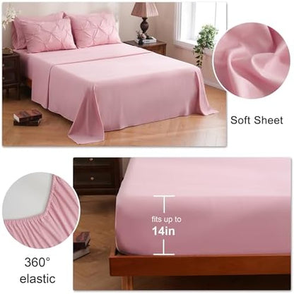 DOWNCOOL Queen Comforter Set, 7 Pieces Pink Pintuck Bed in a Bag