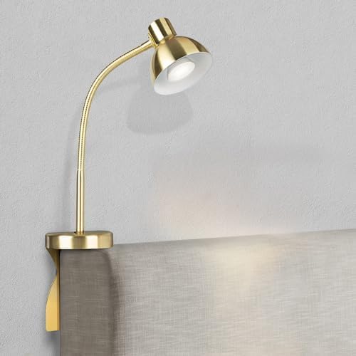 Solfres Patented Innovative Design Headboard Reading Light Pro. No Drilling Book Light for Bedtime Reading. Dimmable LED Book Reading Lamp with Bulb. Movable & Flexible, Gold