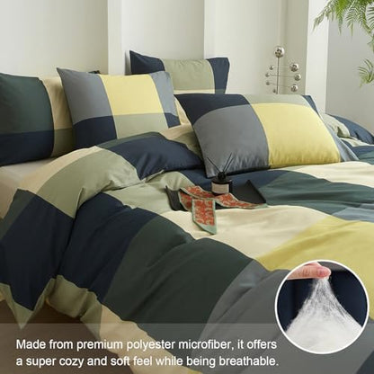 mixinni King Comforter Set Men Boys Geometric Checkered Plaid Printed Bedding Comforter for All Season Soft Lightweight Bedding Set-(King Size, Green,Yellow,Khaki)