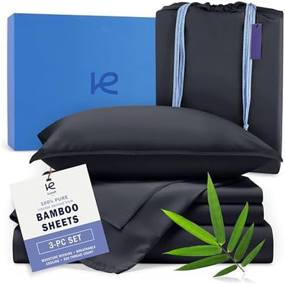 Kickoff Viscose Bamboo Sheets Twin Size 3-pc 100% Organic Bamboo Viscose Bed Cooling Sheets Twin Size Set Cool Bedding for hot Sleepers Sheet Set - Gift Ready Packaging (Black, T)