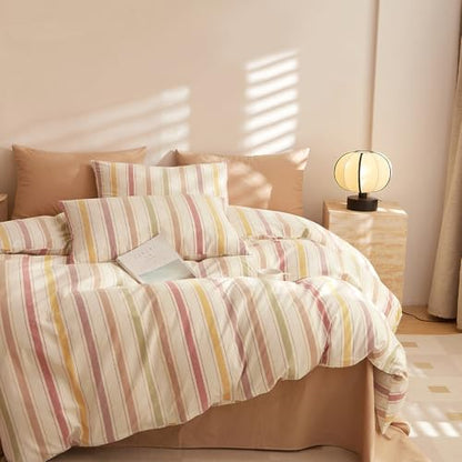 mixinni Vintage Striped Duvet Cover Set Queen, 3-Piece Washed Cotton Bedding Set - Soft, Breathable & Colorful Marble Stripe Pattern, All-Season Comforter Cover with Zipper-Queen Size