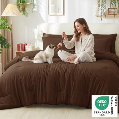 CozyLux California King Comforter Set Brown, 7 Pieces Cal King Bed in a Bag King Comforter Set with Sheets, Soft Bedding Set with Down Alternative Comforter, Sheets, Pillowcases & Shams, Soft Bed Set