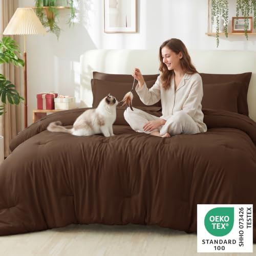 CozyLux Twin Comforter Set Brown, 5 Pieces Bed in a Bag Twin Comforter Set with Sheets, Soft Bedding Sets with Down Alternative Comforter, Sheets, Pillowcase & Sham, Soft Bed Set for All Seasons