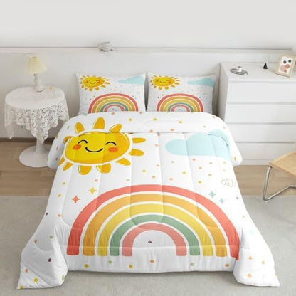 jejeloiu Cute Rainbow Comforter Set All Season Lovely Kids Rainbows Bedding Set with 1 Pillow Cases Cute Princess Microfiber Toddler Bedclothes Bedroom Decor Duvet Quilt Breathable Soft Lightweight