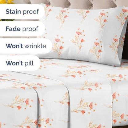 Twin 4 Piece Floral Sheet Set - Soft, Breathable & Cooling - Wildflower