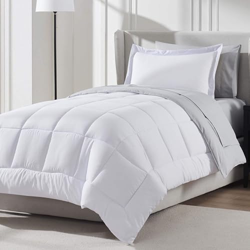 Nestl 7 Piece Twin Comforter Set – White Reversible Bed in a Bag – Complete Twin Size Bedding Set with Sheets, Set of 2 Cooling Pillows, Pillowcase and Sham