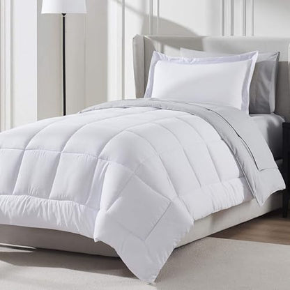 Nestl 7 Piece Twin Comforter Set – White Reversible Bed in a Bag – Complete Twin Size Bedding Set with Sheets, Set of 2 Cooling Pillows, Pillowcase and Sham