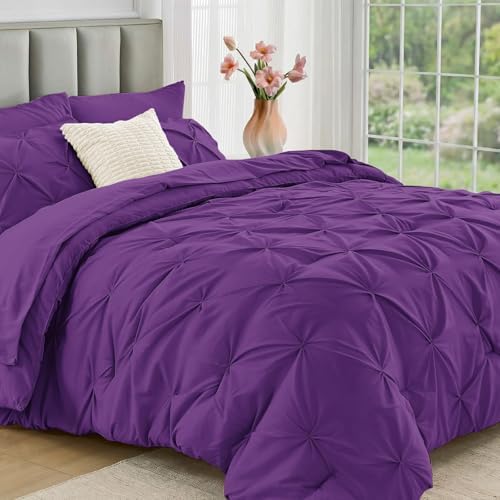 JOLLYVOGUE Twin XL Comforter Set 5 Pieces - Bed in a Bag Twin XL for All Season, Pintuck Bedding Comforter Sets with Comforter, Flat Sheet, Fitted Sheet and Pillowcases & Shams, Purple