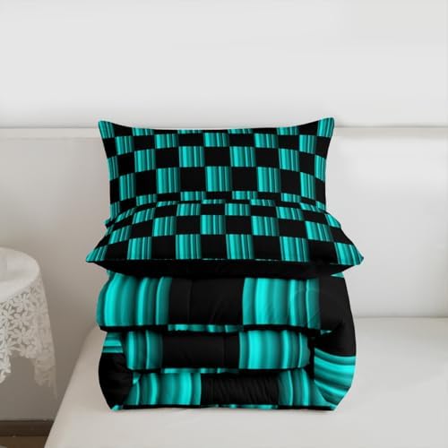 Checkered Kids Comforter Set King Size Abstract Ombre Bedding Set Modern Geometric Teal Blue Black Duvet Quilt for Kids Boys Girls Bedroom Cute Neutral Aesthetic Plaid Decor
