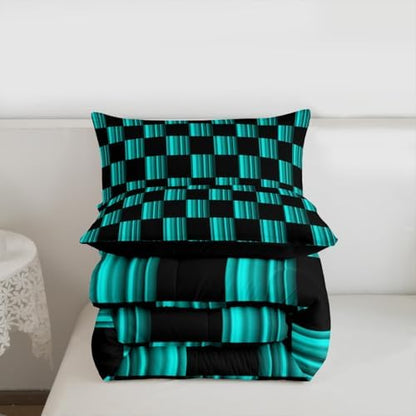 Checkered Kids Comforter Set King Size Abstract Ombre Bedding Set Modern Geometric Teal Blue Black Duvet Quilt for Kids Boys Girls Bedroom Cute Neutral Aesthetic Plaid Decor