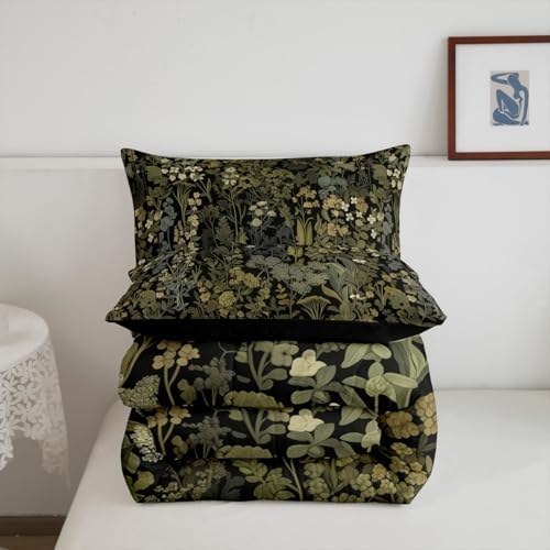 Retro Botanical Comforter Set Queen Size,Dark Green Leaves Bedding Set 3Pcs for Kids Teens Adult Room Decor,Tropical Fern Plants Quilted Duvet Rustic Farmhouse Style Down Comforter,2 Pillowcases