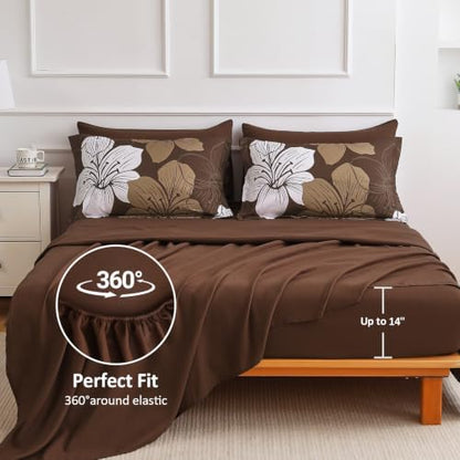 Luxudecor Brown King Size Comforter Set, 7 Pieces Floral Bed in a Bag