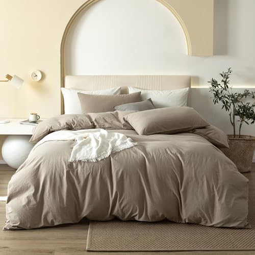 JIYUAN Full Washed Cotton Duvet Cover Set, 3-Piece, Relaxed Linen Feel