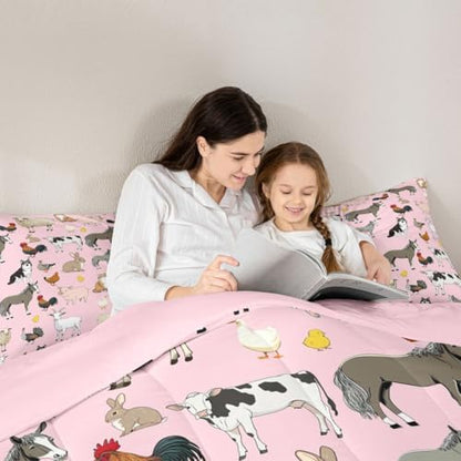 Feelyou Pink Farm Animal Comforter Set Toddler Size Cute Animal Bedding Set for Kids Boys Girls Farm Theme Duvet Quilt Cartoon Bedroom Decor 2 Pcs with 1 Pillow Cases